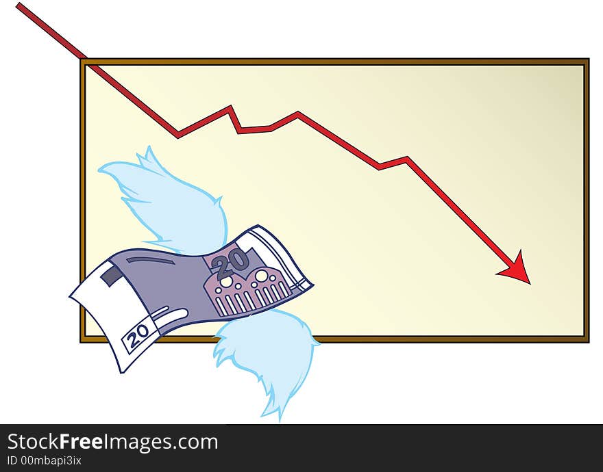 Chart and money flying away -- euro note. Chart and money flying away -- euro note