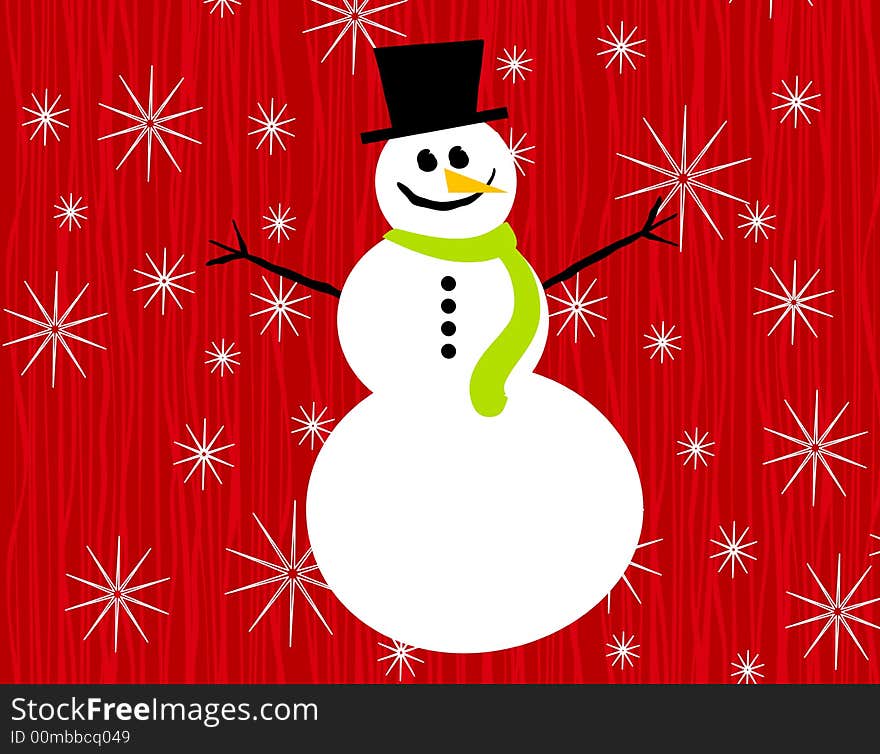 A clip art illustration featuring a snowman wearing hat and scarf set against snowflakes and red textured background. A clip art illustration featuring a snowman wearing hat and scarf set against snowflakes and red textured background