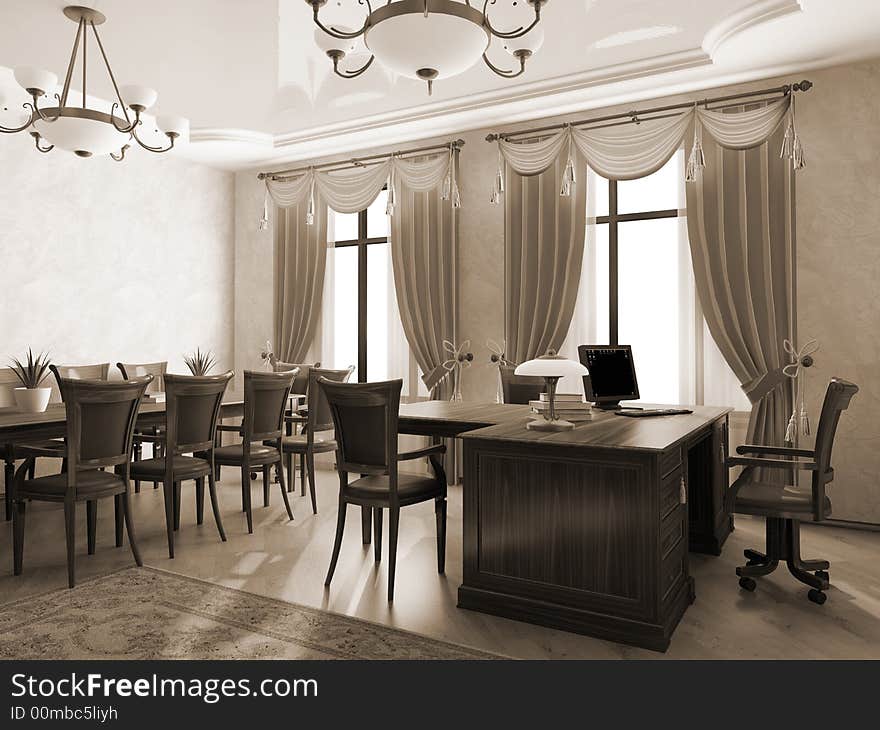 Office interior in monochrome 3D rendering