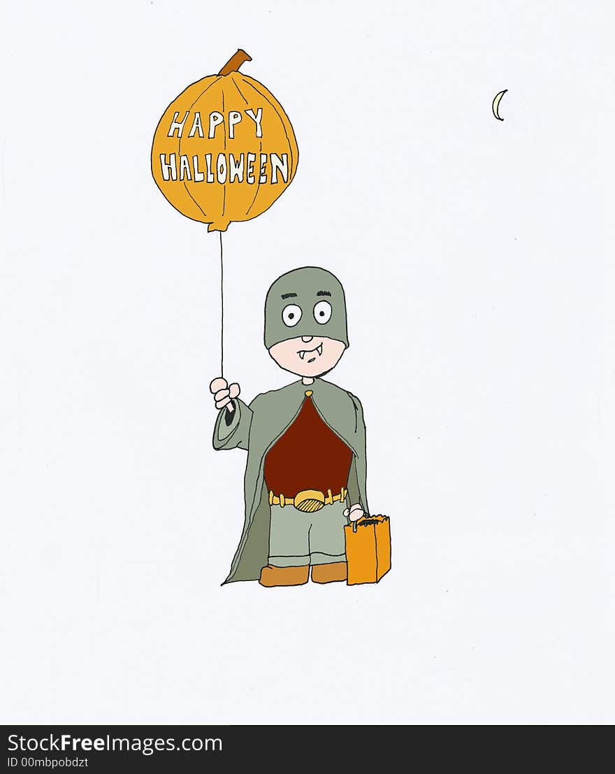 One small boy child holding pumpkin balloon with happy Halloween written on balloon holding bag of candy dressed  costume and vampire teeth. One small boy child holding pumpkin balloon with happy Halloween written on balloon holding bag of candy dressed  costume and vampire teeth