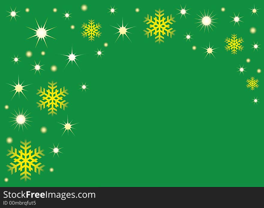 Snowflakes and stars on green background