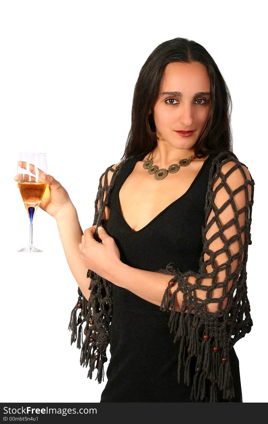 Digital photo of woman in a evening dress with a glass of champagne.