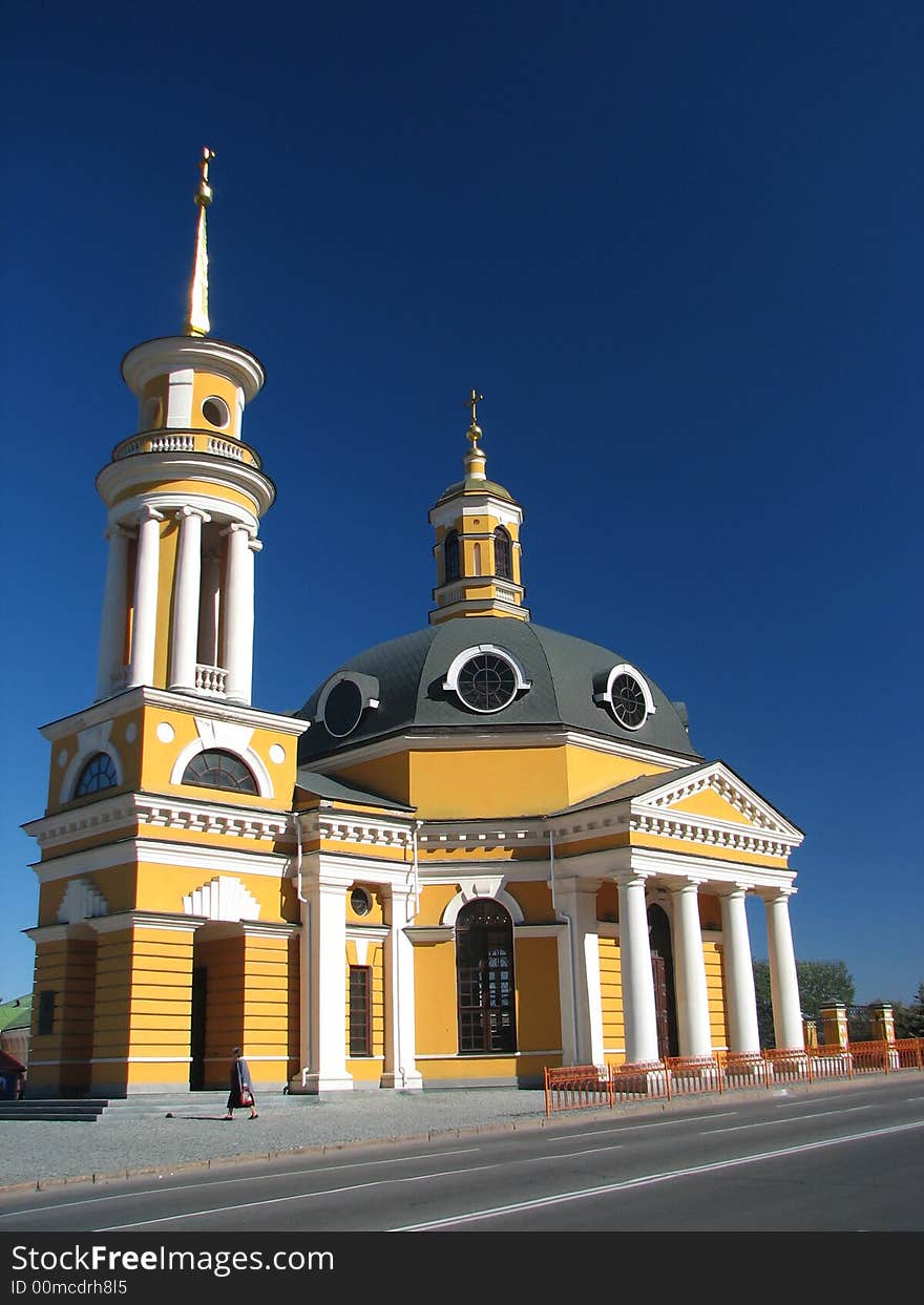 Beautyfull yellow church on a background of the dark blue sky