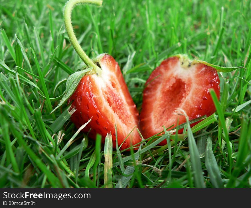 Sliced strawberry lying in the grass