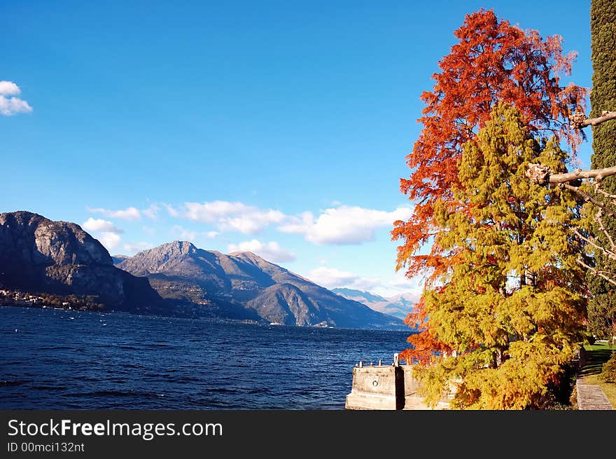 Lake landscape in fall season, Como Lake, Italy. Lake landscape in fall season, Como Lake, Italy