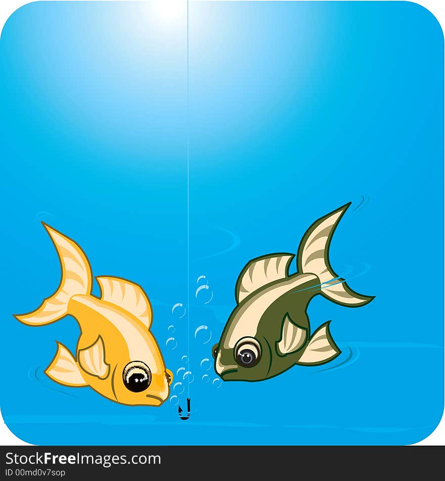 Illustration of two fishes looking at hook in sea water.