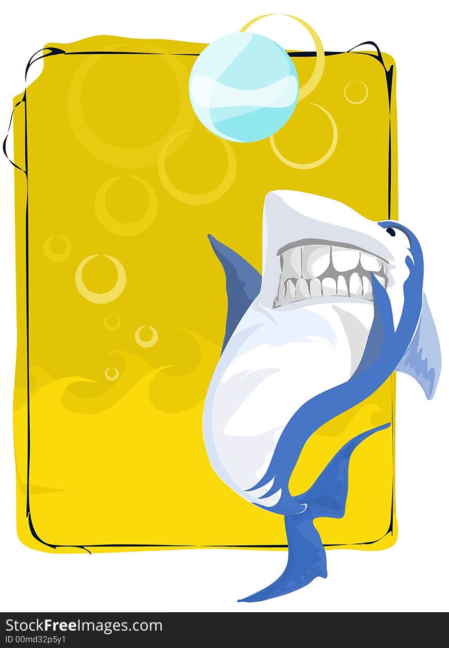 A blue and white shark who play with a white ball on a yellow background.