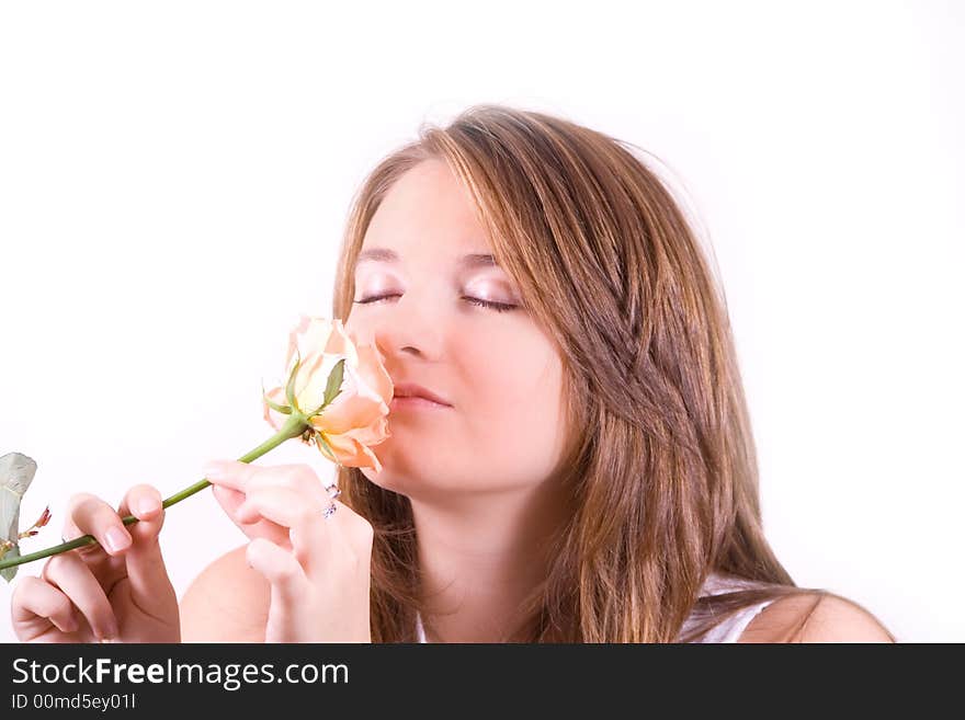 A girl with flower isolated on white