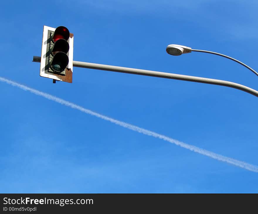 Old red overhead traffic light. Old red overhead traffic light