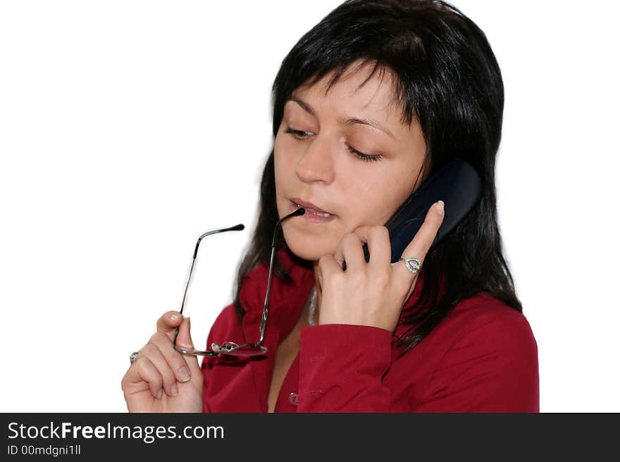 Businesswoman working, holding a cellphone. Businesswoman working, holding a cellphone