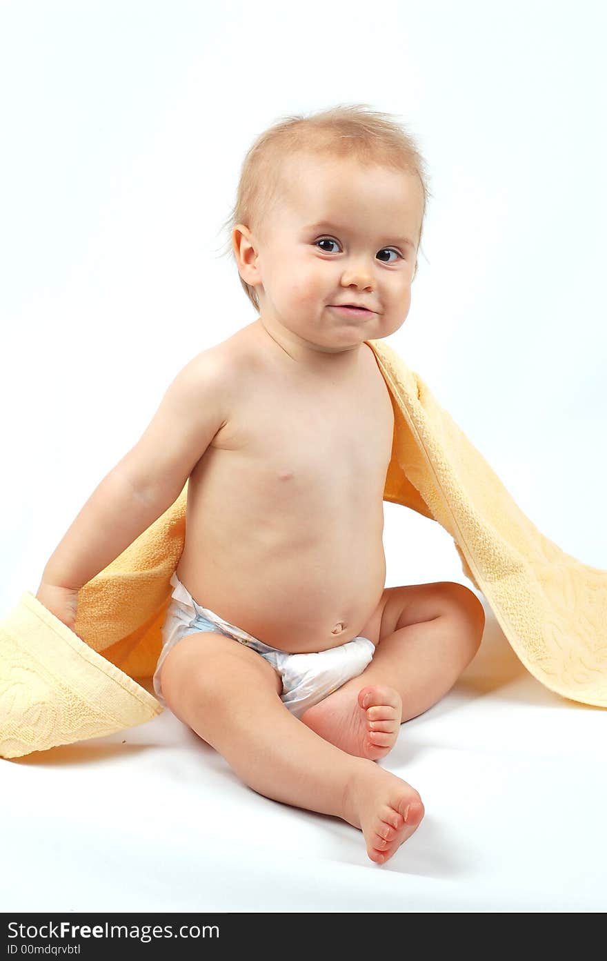 Photo of  happy baby with towel. Photo of  happy baby with towel