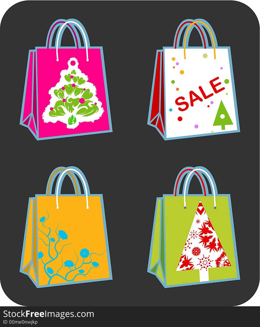 Four vector shopping bags illustration with Christmas tree, swirl ornaments and sale sign. Four vector shopping bags illustration with Christmas tree, swirl ornaments and sale sign