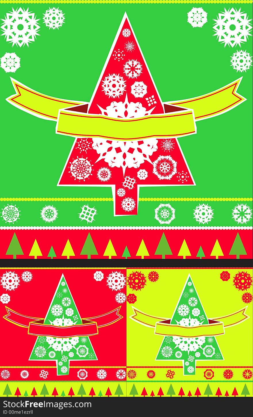 Christmas greeting card cover with Christmas trees, snowflakes and a banner for text, variations in colour, in vector format. Christmas greeting card cover with Christmas trees, snowflakes and a banner for text, variations in colour, in vector format