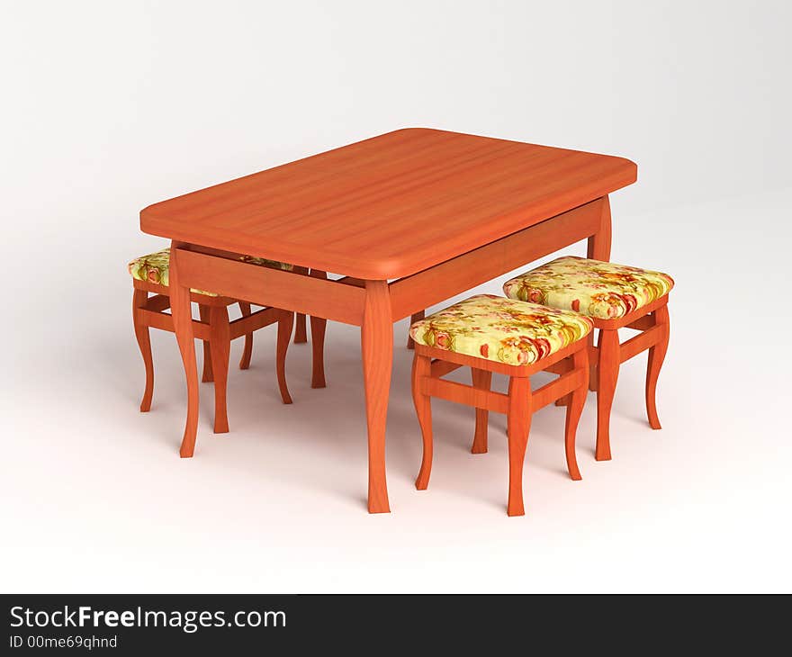 Three-dimensional model of a table with stools on a white background