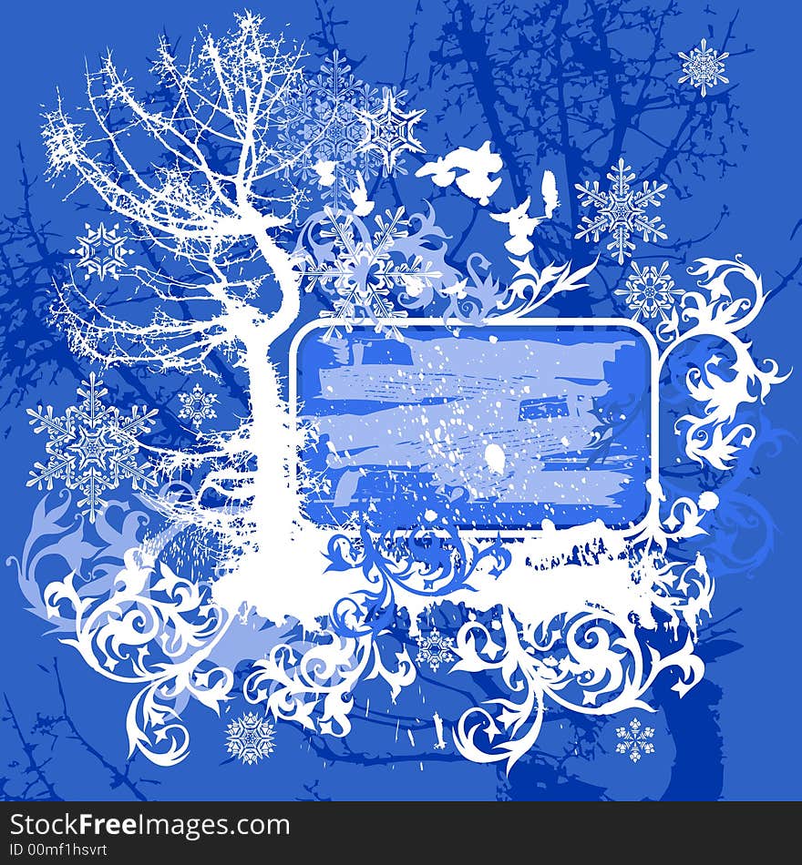 Vector snowflakes on blue grunge floral background with tree, birds and frame. Vector snowflakes on blue grunge floral background with tree, birds and frame