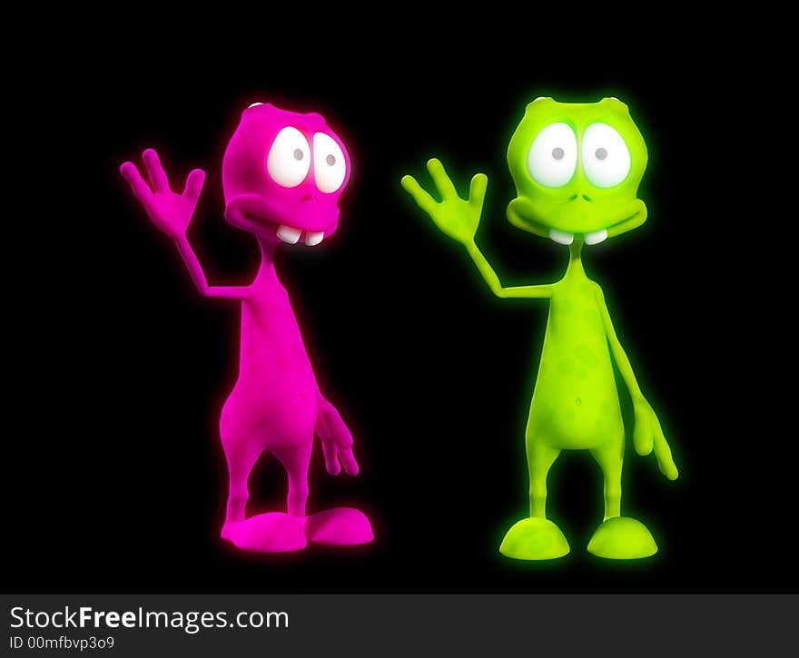 An image of two very friendly waving aliens. An image of two very friendly waving aliens.