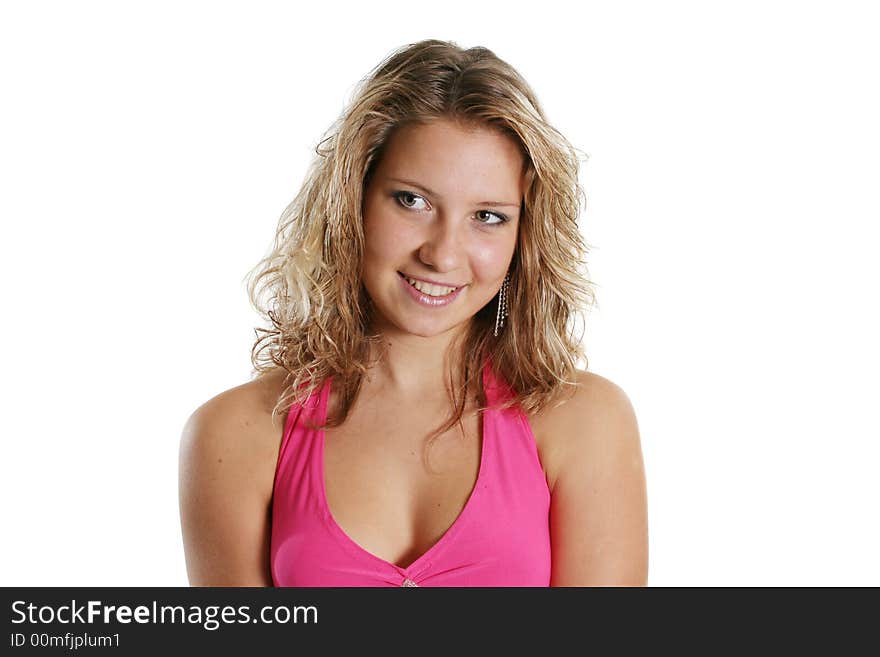 Portrait of a smiling girl in a red dress on a white background. Portrait of a smiling girl in a red dress on a white background