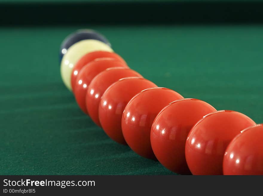 Red blue and white pool balls in an arc. Red blue and white pool balls in an arc