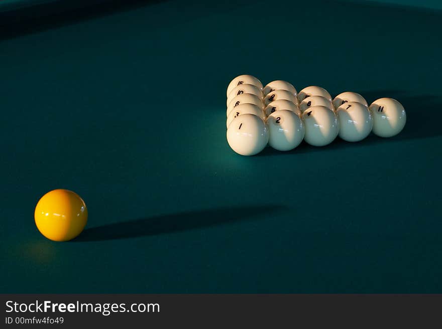 Billiard balls on green cloth - start of the game. Billiard balls on green cloth - start of the game.