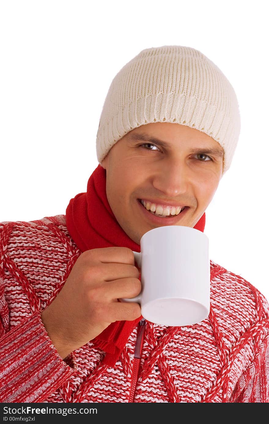 Young man with white hat and red sweater to drink tea asolated on white background. Young man with white hat and red sweater to drink tea asolated on white background