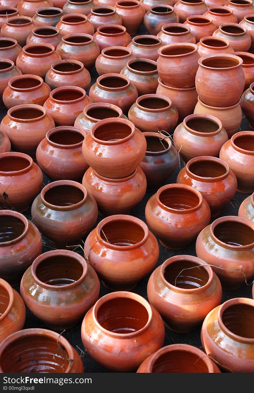 Brown clay pots in Ukaine market