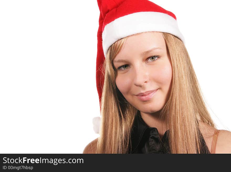 Santa girl looking at camera isolated over a white background