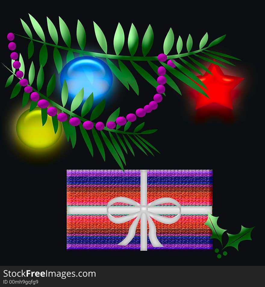 Christmas tree boughs with ornaments  on  black background. Christmas tree boughs with ornaments  on  black background