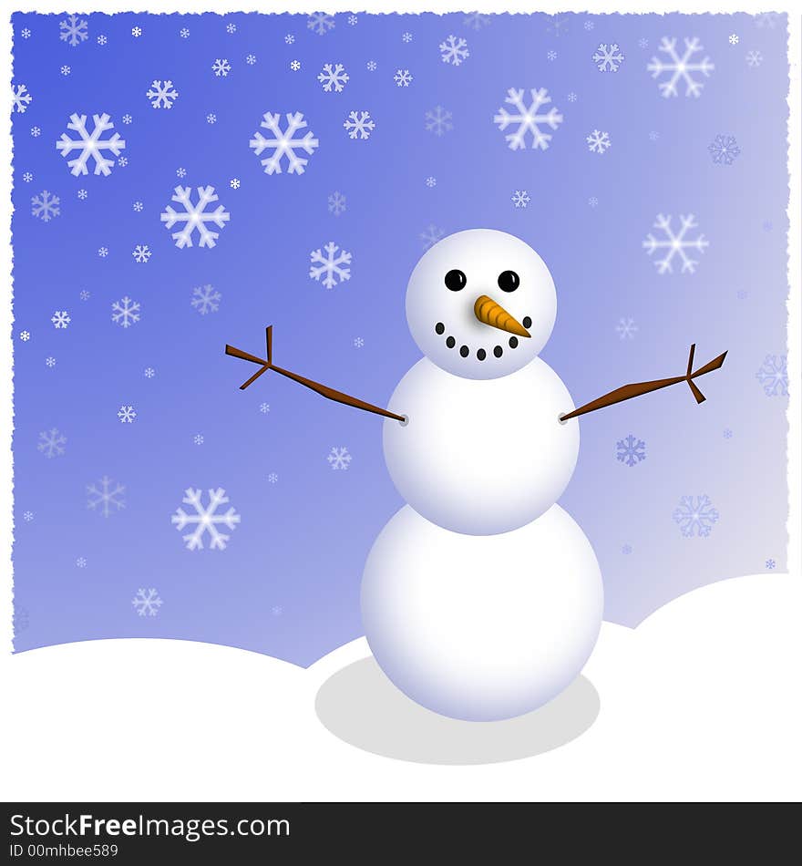 Graphic illustration of winter snowman with carrot nose and stick arms against a snowy background of falling snowflakes. Graphic illustration of winter snowman with carrot nose and stick arms against a snowy background of falling snowflakes.