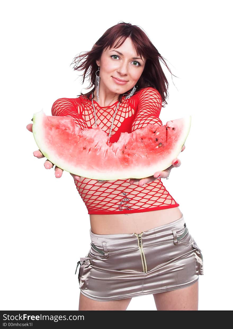 The girl offers a red  water-melon