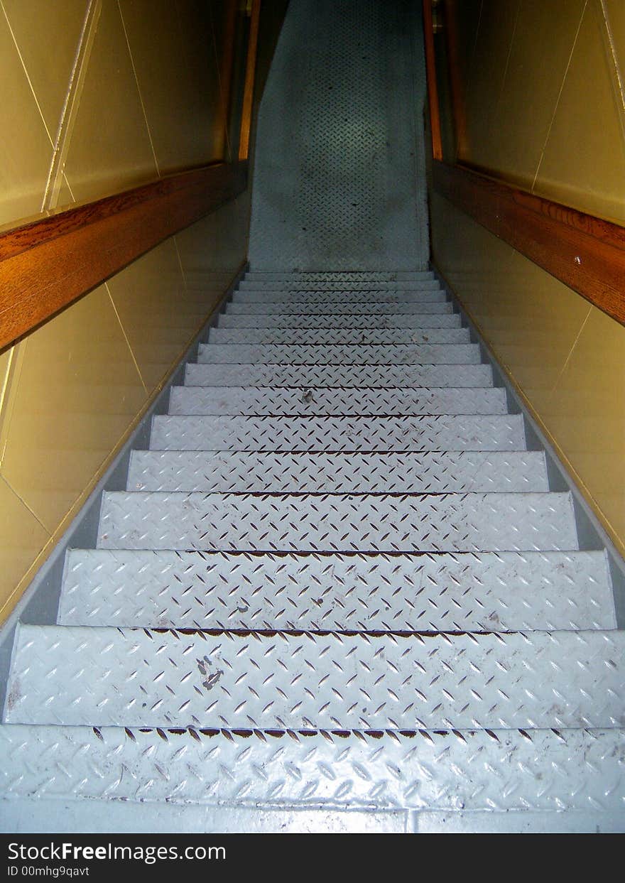 An image of stairs on a ferryboat. An image of stairs on a ferryboat