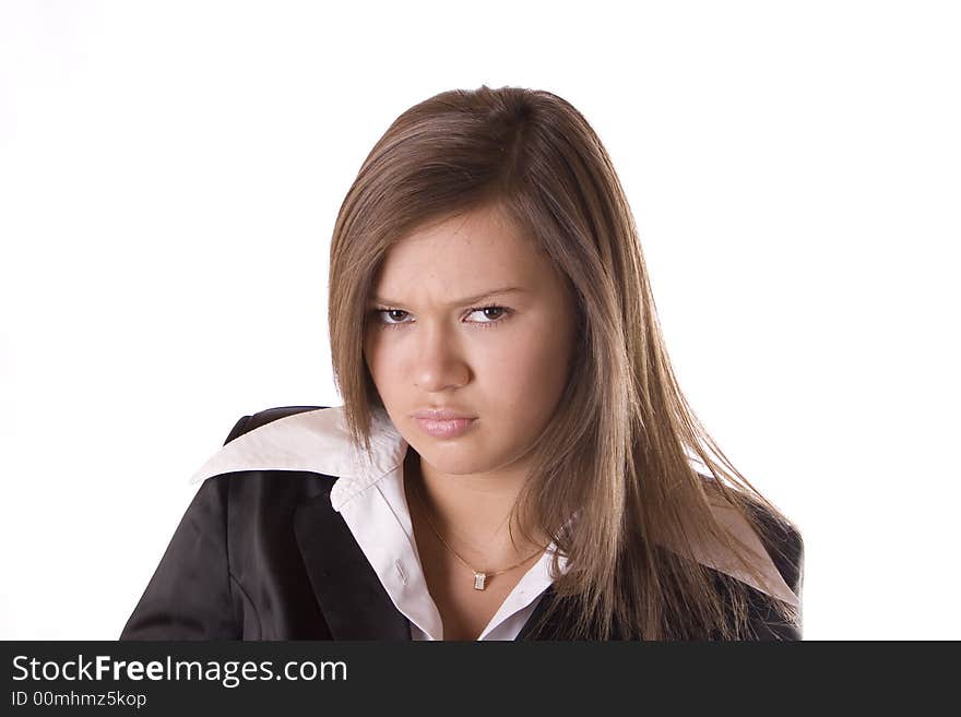 Young unhappy businesswoman on white background. Young unhappy businesswoman on white background