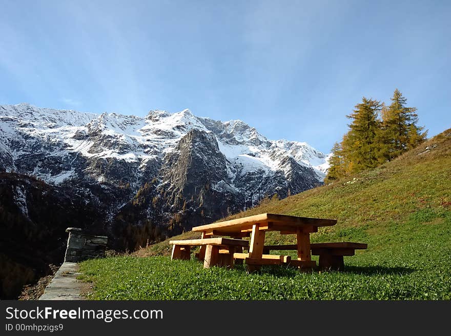 Wooden desk in a mountain rural house;west alps, Italy