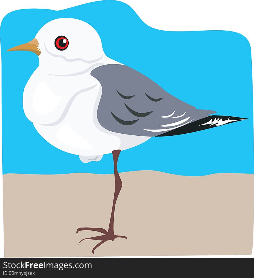 Illustration of a robin magpie standing one-legged n a brown surface beyond sky blue back ground