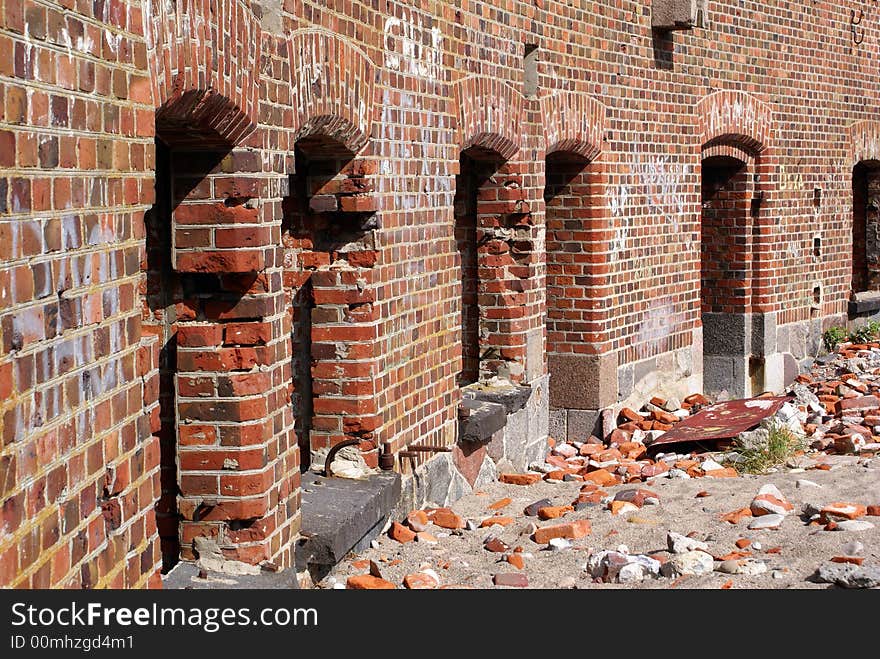 Old brick wall of fort Zapadny near Baltysk, Russia