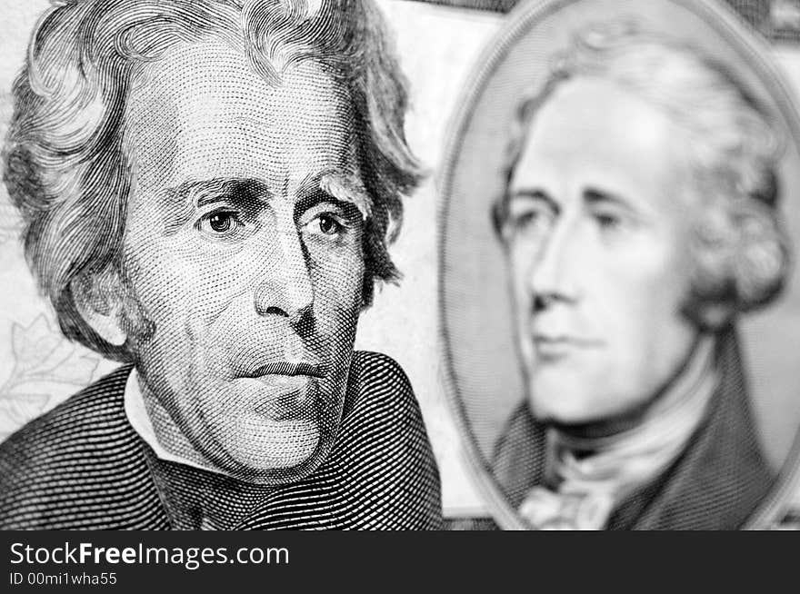 Two presidents Hamilton and Jackson on the dollar's notes. Two presidents Hamilton and Jackson on the dollar's notes