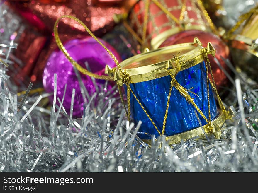 Heap of colorful christmas tree decorations of different types