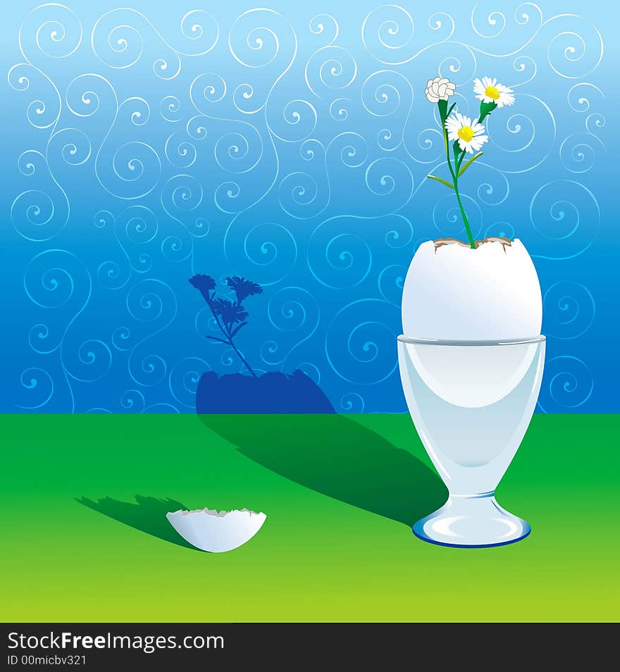 A flower growing of break egg  standing of a support & background of monograms