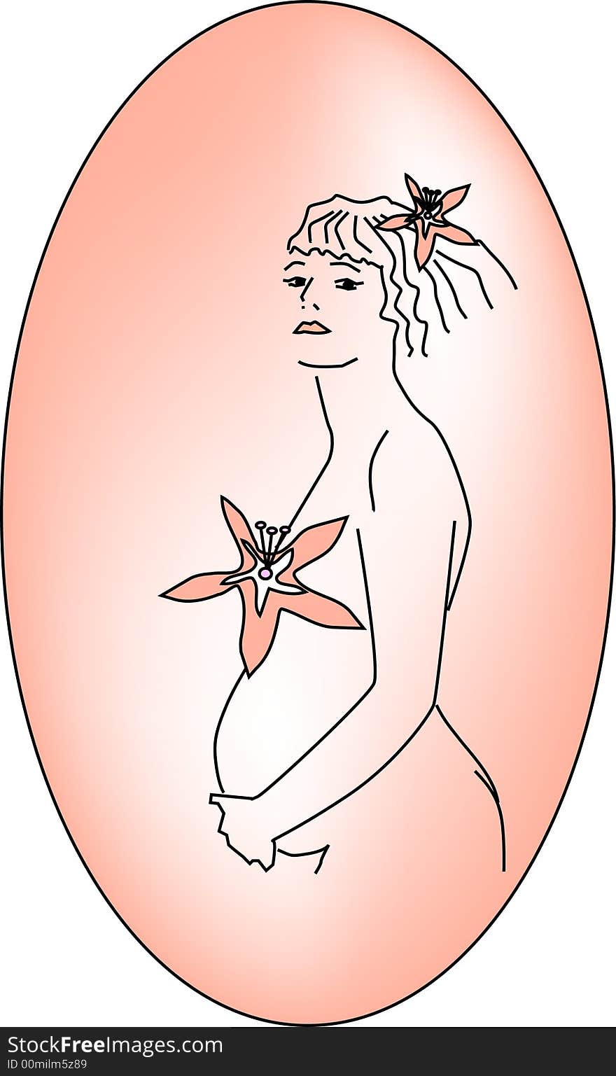 The pregnant woman with flower.  Pink background. Oval composition. The pregnant woman with flower.  Pink background. Oval composition.