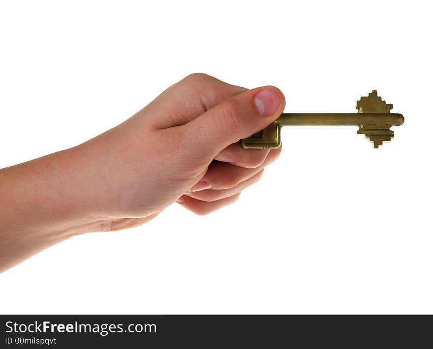 Key in a hand. It is isolated on a white background.