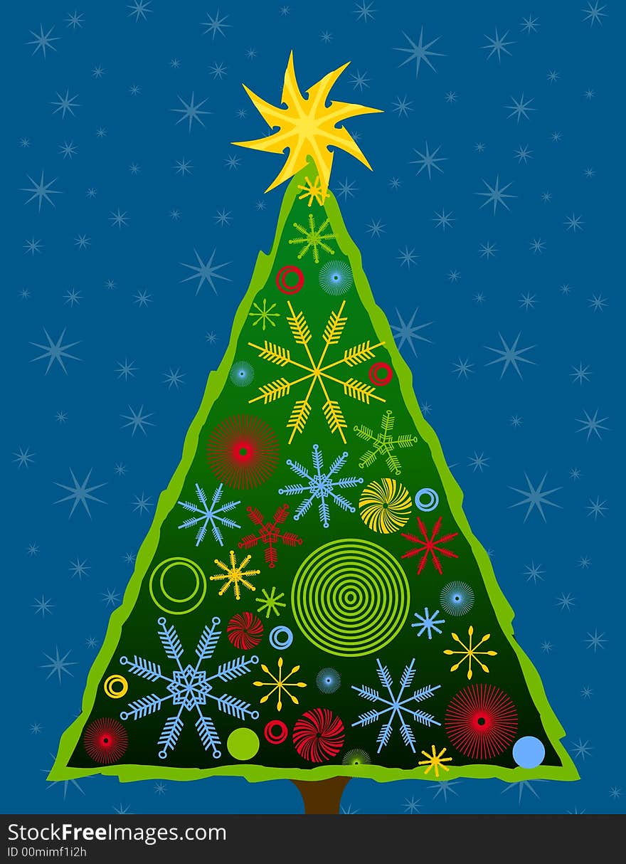 A clip art illustration featuring an abstract looking Christmas tree decorated with various snowflakes and decorative designs in blue, green, red, and gold. A clip art illustration featuring an abstract looking Christmas tree decorated with various snowflakes and decorative designs in blue, green, red, and gold