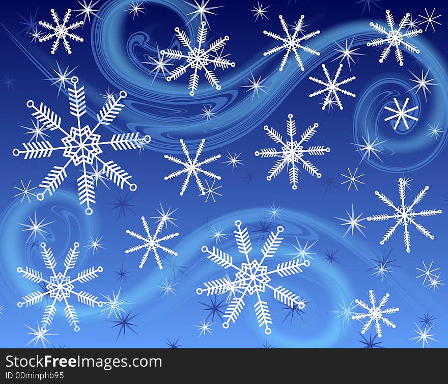 A dark blue background pattern featuring a collage of various snowflakes fading into the background with wispy wind. A dark blue background pattern featuring a collage of various snowflakes fading into the background with wispy wind