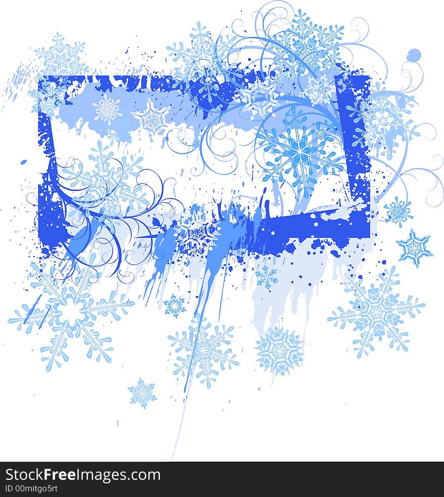 Blue grunge floral frame and snowflakes. Blue grunge floral frame and snowflakes