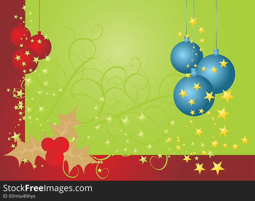 Colorful christmas postcard with stars and globes