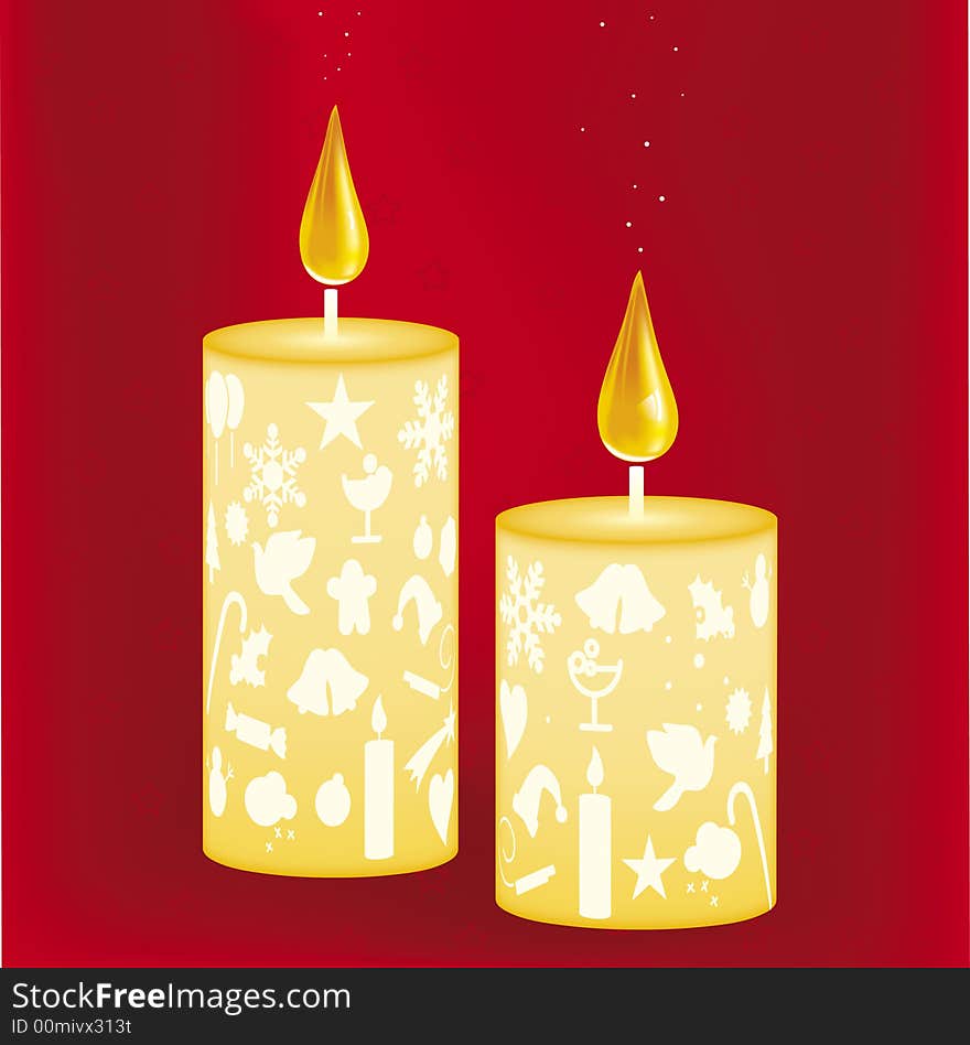 Illustration of two christmas candles in red background. Illustration of two christmas candles in red background.