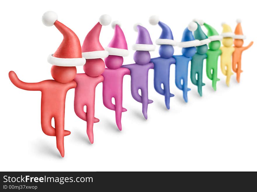 Multicolored plasticine Santa figures dancing in a row. Multicolored plasticine Santa figures dancing in a row