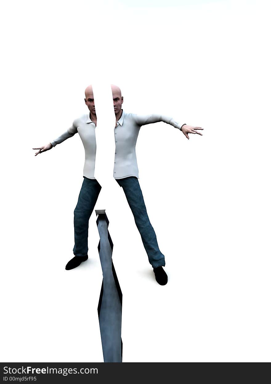 An image of a man standing above a dangerous deep crack on the ground in-between his feet. A good concept image for the diversion, the man himself is split in two. This could represent stress. An image of a man standing above a dangerous deep crack on the ground in-between his feet. A good concept image for the diversion, the man himself is split in two. This could represent stress.