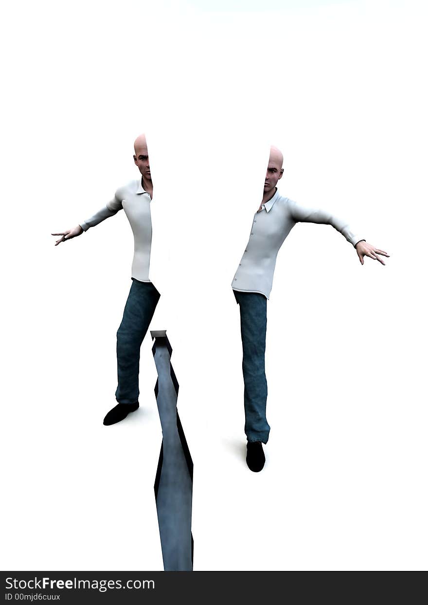 An image of a man standing above a dangerous deep crack on the ground in-between his feet. A good concept image for the diversion, the man himself is split in two. This could represent stress. An image of a man standing above a dangerous deep crack on the ground in-between his feet. A good concept image for the diversion, the man himself is split in two. This could represent stress.