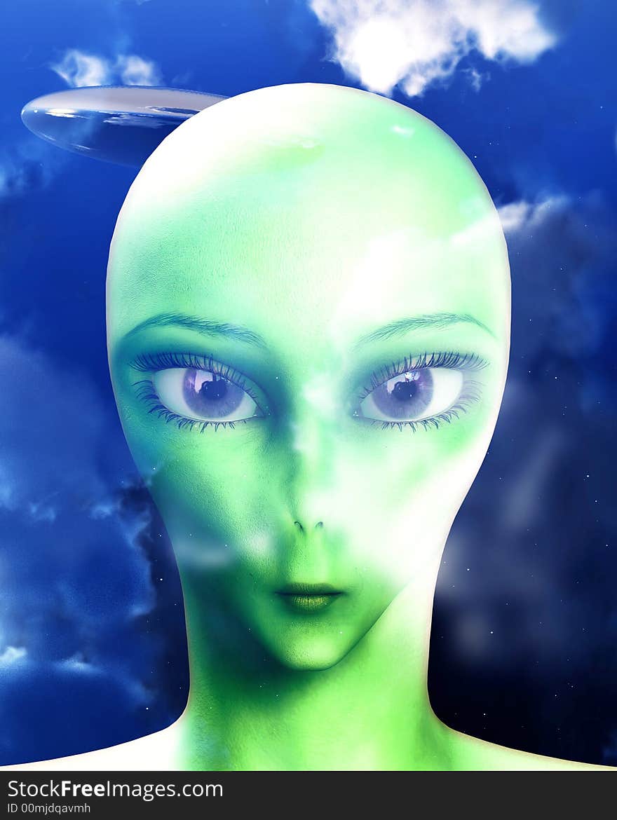 An portrait of the face of an alien lifeform. With a cloud background. An portrait of the face of an alien lifeform. With a cloud background.