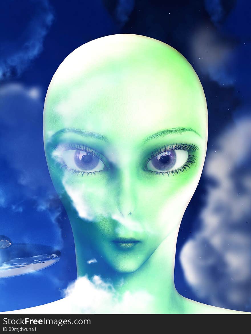 An portrait of the face of an alien lifeform. With a cloud background. An portrait of the face of an alien lifeform. With a cloud background.