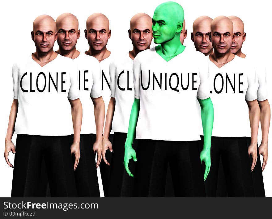 A conceptual image of a unique man, standing in front of a man that has been cloned many times. A conceptual image of a unique man, standing in front of a man that has been cloned many times.